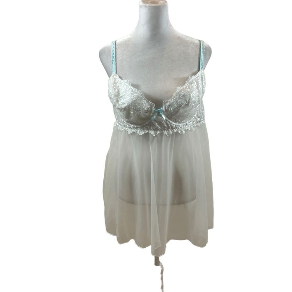 The‎ Escante Collection Brand White and Blue Lace Babydoll Sheer Nightgown